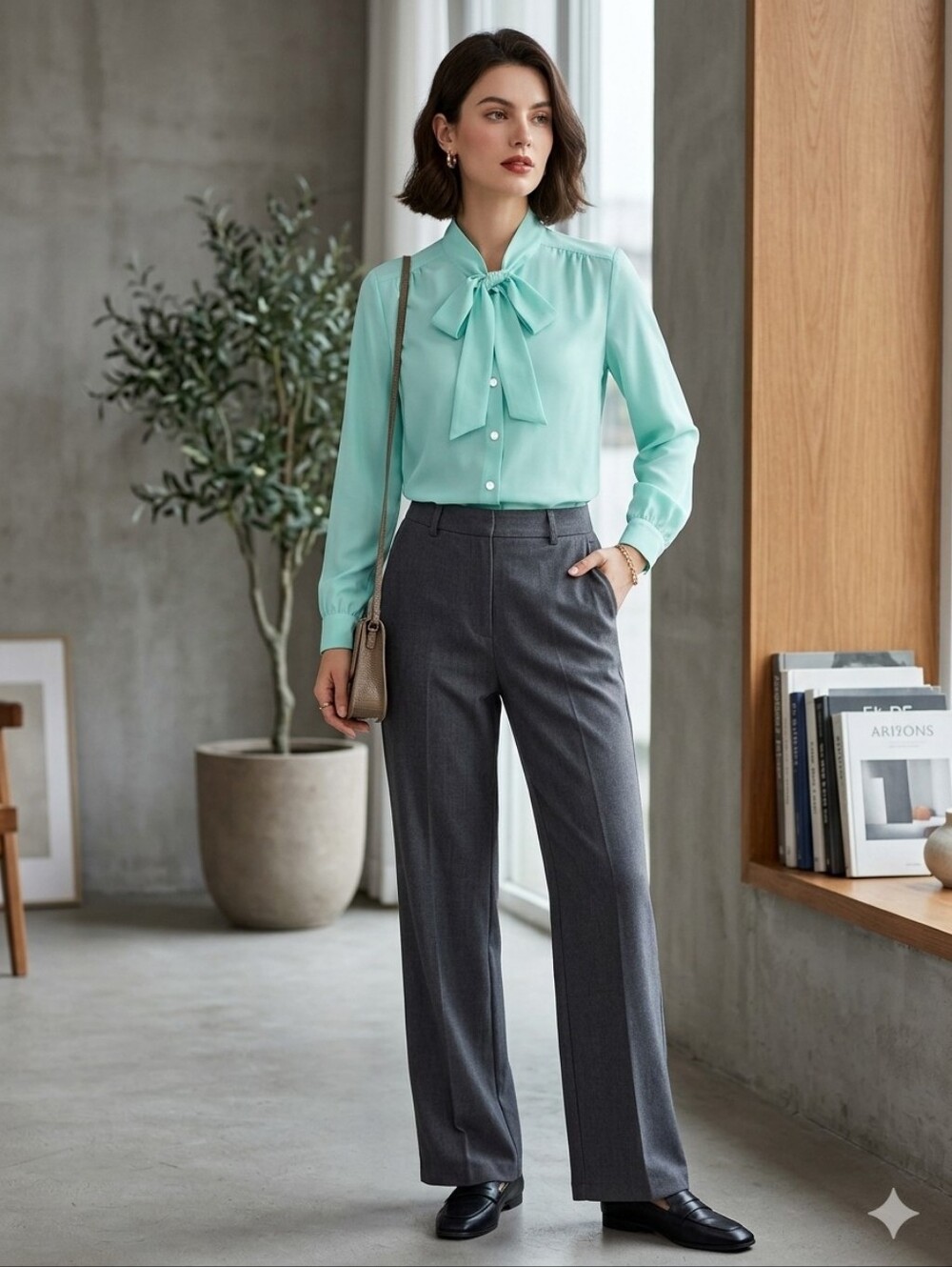 Women’s Blue/Teal Bow Tie Blouse - Lightweight Button-Up Top